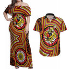 Richmond Football Club Couples Matching Off Shoulder Maxi Dress and Hawaiian Shirt Indigenous Monochrome Dot Art Mascot Style