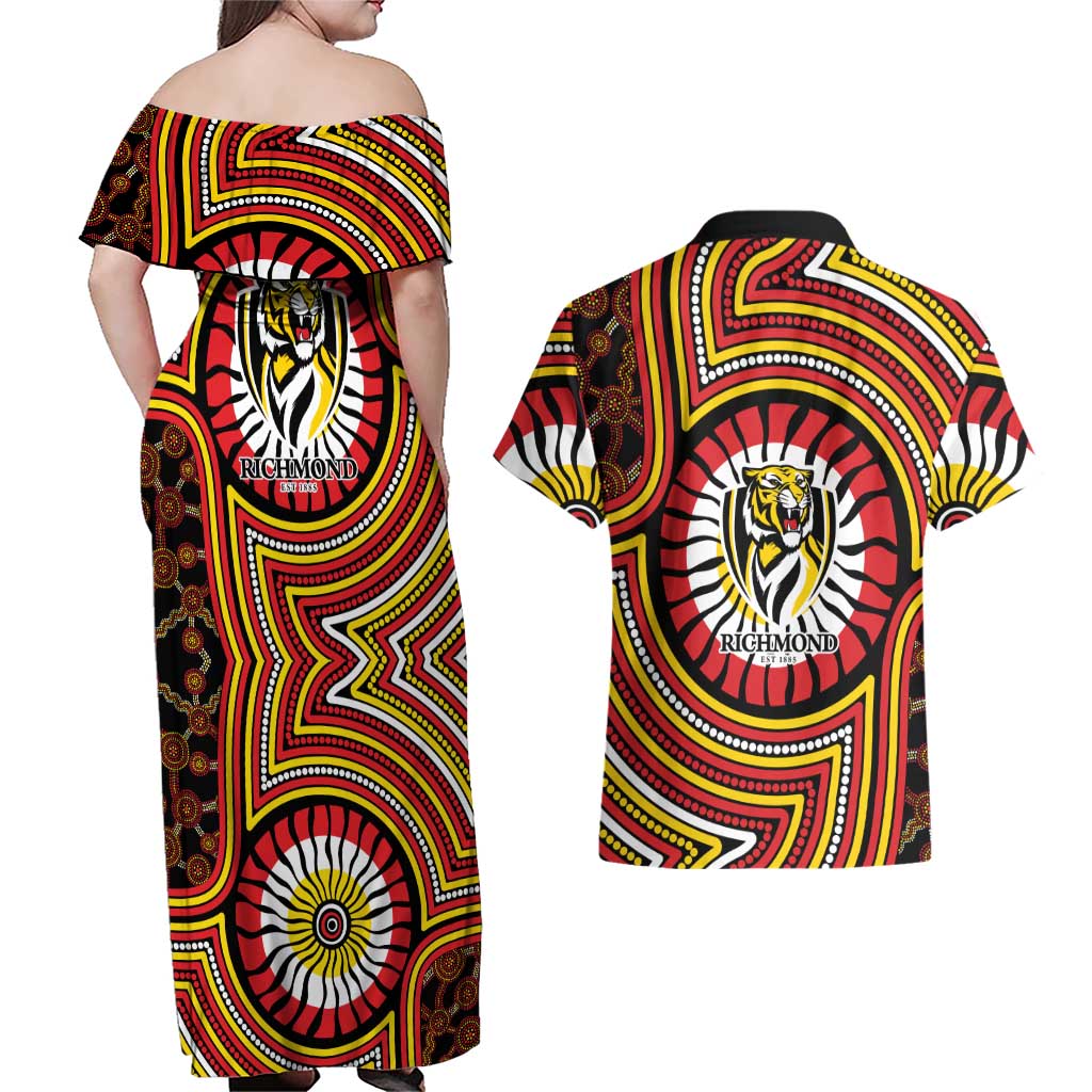 Richmond Football Club Couples Matching Off Shoulder Maxi Dress and Hawaiian Shirt Indigenous Monochrome Dot Art Mascot Style