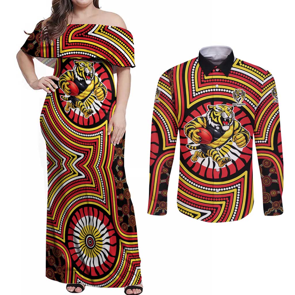 Richmond Football Club Couples Matching Off Shoulder Maxi Dress and Long Sleeve Button Shirt Indigenous Monochrome Dot Art Mascot Style