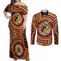 Richmond Football Club Couples Matching Off Shoulder Maxi Dress and Long Sleeve Button Shirt Indigenous Monochrome Dot Art Mascot Style