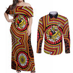 Richmond Football Club Couples Matching Off Shoulder Maxi Dress and Long Sleeve Button Shirt Indigenous Monochrome Dot Art Mascot Style