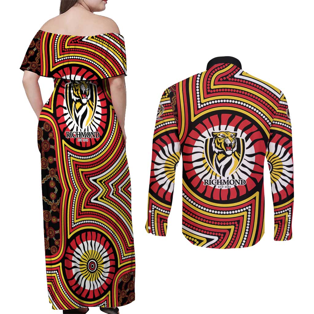 Richmond Football Club Couples Matching Off Shoulder Maxi Dress and Long Sleeve Button Shirt Indigenous Monochrome Dot Art Mascot Style