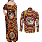 Richmond Football Club Couples Matching Off Shoulder Maxi Dress and Long Sleeve Button Shirt Indigenous Monochrome Dot Art Mascot Style