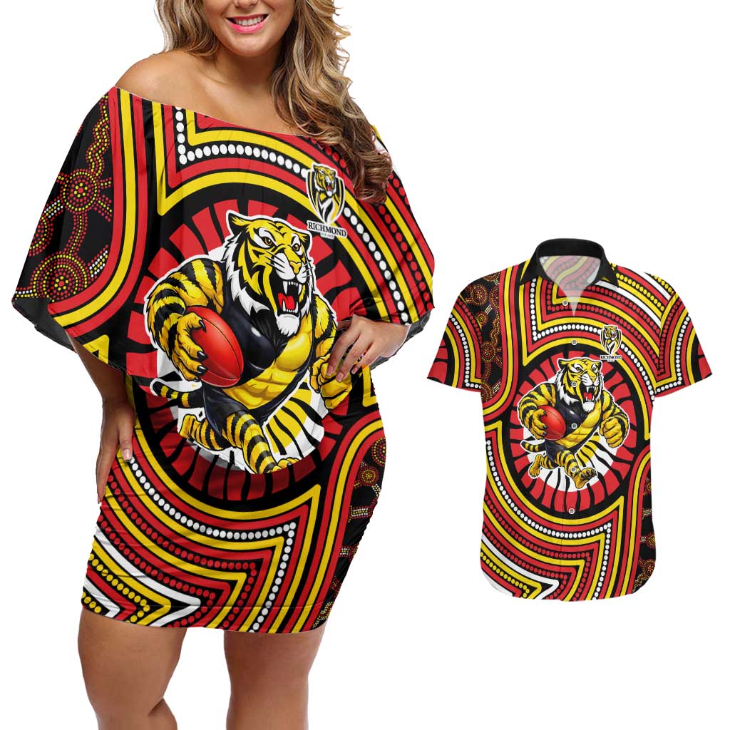 Richmond Football Club Couples Matching Off Shoulder Short Dress and Hawaiian Shirt Indigenous Monochrome Dot Art Mascot Style