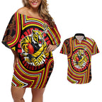 Richmond Football Club Couples Matching Off Shoulder Short Dress and Hawaiian Shirt Indigenous Monochrome Dot Art Mascot Style