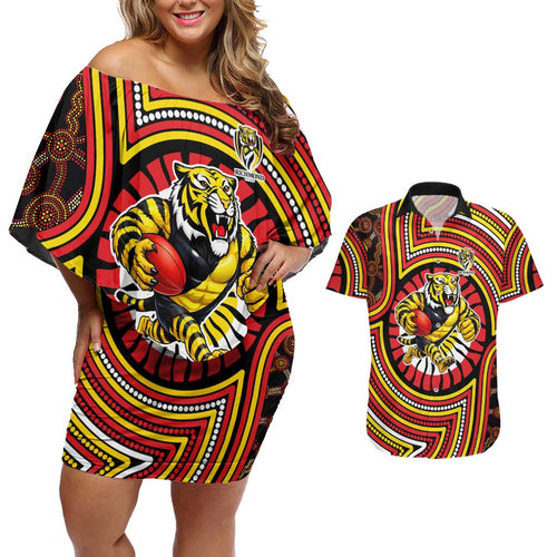 Richmond Football Club Couples Matching Off Shoulder Short Dress and Hawaiian Shirt Indigenous Monochrome Dot Art Mascot Style