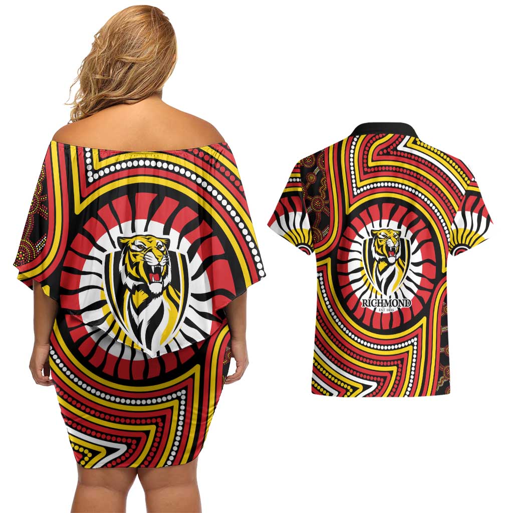 Richmond Football Club Couples Matching Off Shoulder Short Dress and Hawaiian Shirt Indigenous Monochrome Dot Art Mascot Style