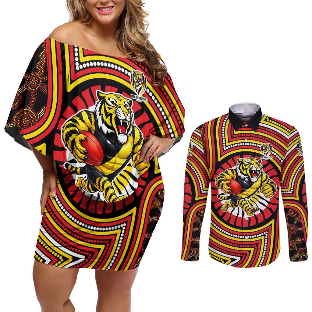 Richmond Football Club Couples Matching Off Shoulder Short Dress and Long Sleeve Button Shirt Indigenous Monochrome Dot Art Mascot Style
