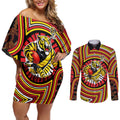 Richmond Football Club Couples Matching Off Shoulder Short Dress and Long Sleeve Button Shirt Indigenous Monochrome Dot Art Mascot Style