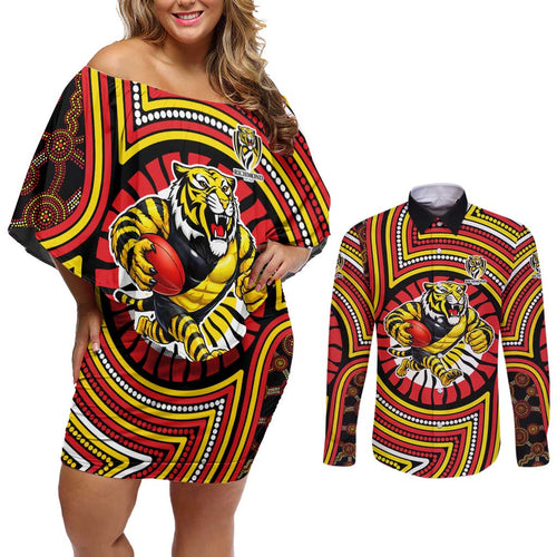 Richmond Football Club Couples Matching Off Shoulder Short Dress and Long Sleeve Button Shirt Indigenous Monochrome Dot Art Mascot Style