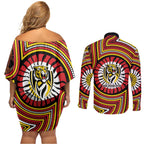 Richmond Football Club Couples Matching Off Shoulder Short Dress and Long Sleeve Button Shirt Indigenous Monochrome Dot Art Mascot Style