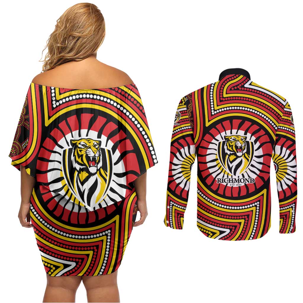 Richmond Football Club Couples Matching Off Shoulder Short Dress and Long Sleeve Button Shirt Indigenous Monochrome Dot Art Mascot Style