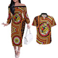 Richmond Football Club Couples Matching Off The Shoulder Long Sleeve Dress and Hawaiian Shirt Indigenous Monochrome Dot Art Mascot Style