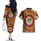 Richmond Football Club Couples Matching Off The Shoulder Long Sleeve Dress and Hawaiian Shirt Indigenous Monochrome Dot Art Mascot Style