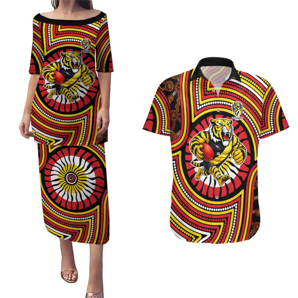 Richmond Football Club Couples Matching Puletasi and Hawaiian Shirt Indigenous Monochrome Dot Art Mascot Style