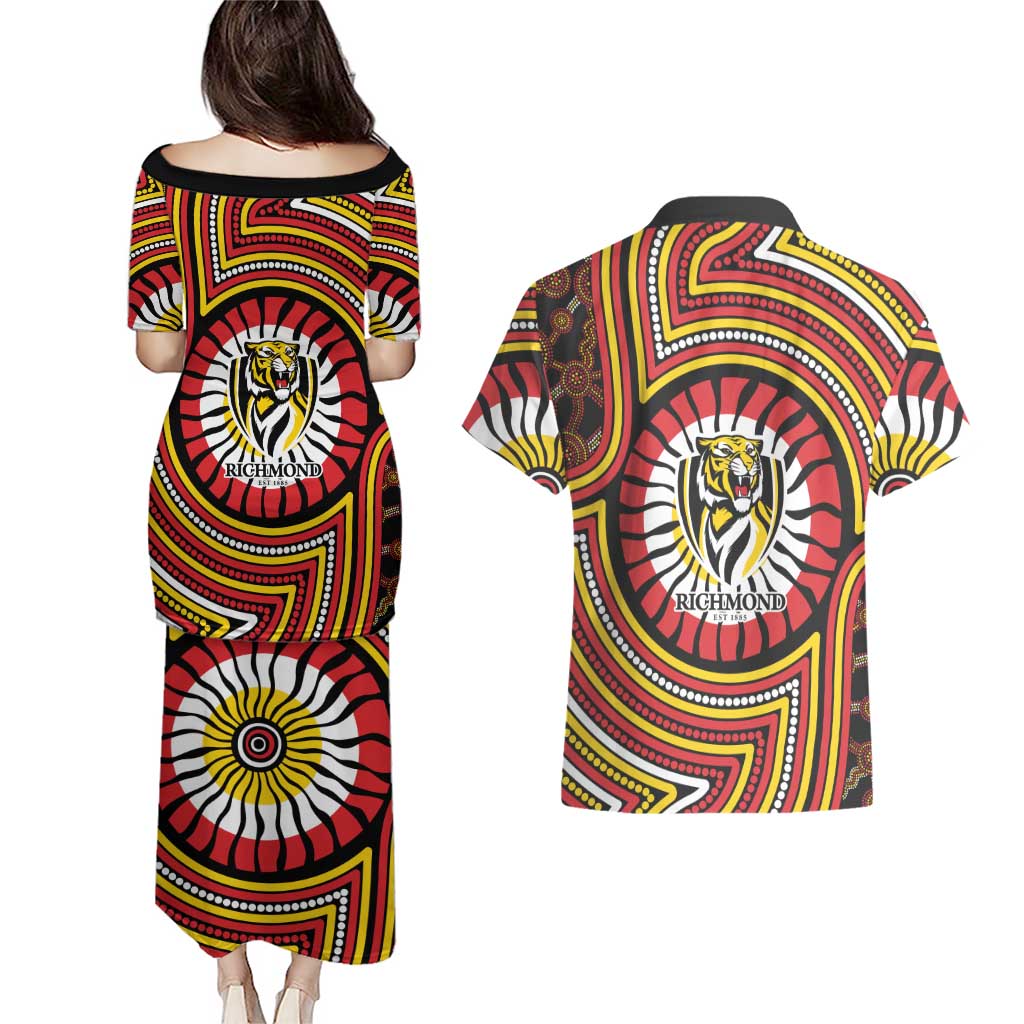 Richmond Football Club Couples Matching Puletasi and Hawaiian Shirt Indigenous Monochrome Dot Art Mascot Style