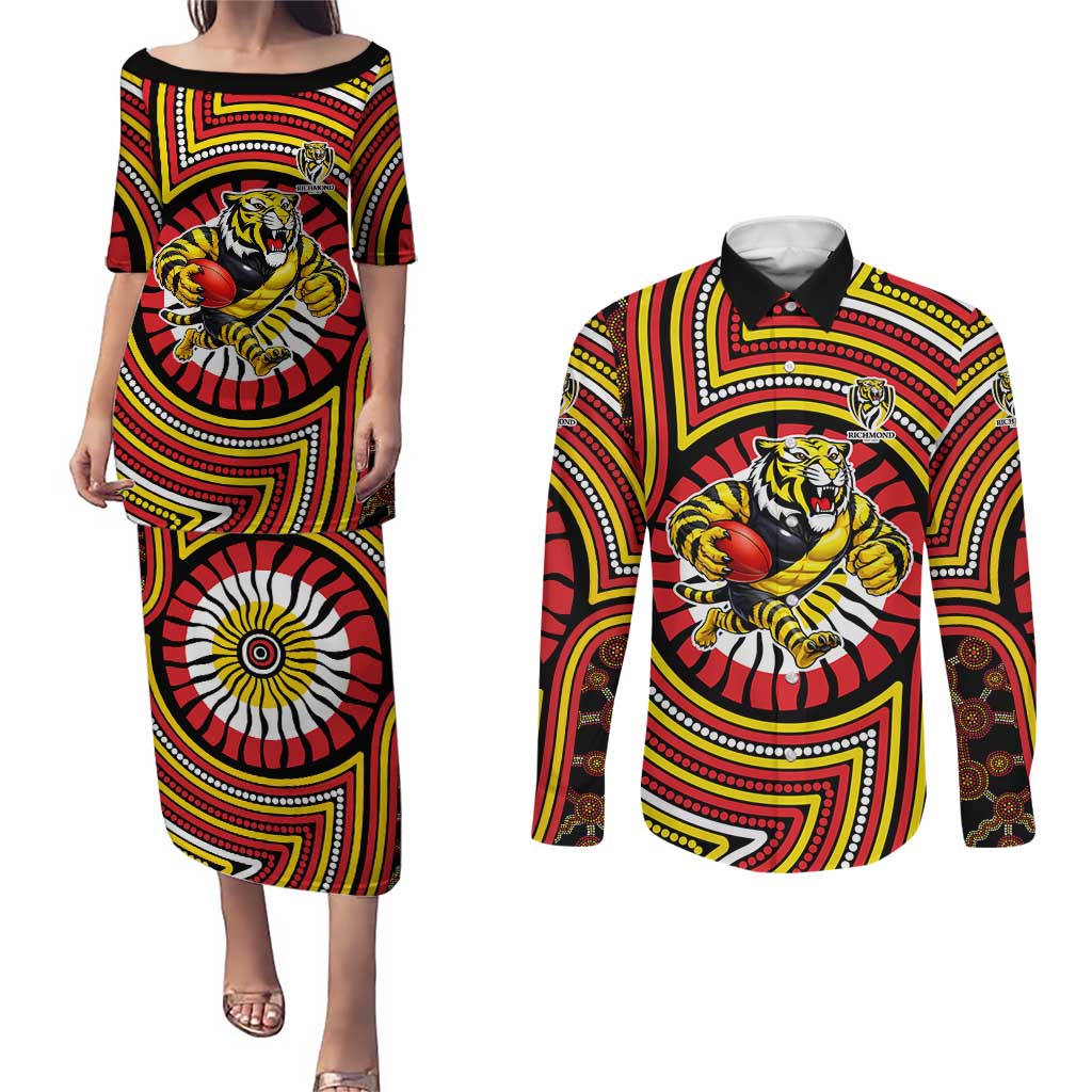 Richmond Football Club Couples Matching Puletasi and Long Sleeve Button Shirt Indigenous Monochrome Dot Art Mascot Style