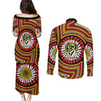 Richmond Football Club Couples Matching Puletasi and Long Sleeve Button Shirt Indigenous Monochrome Dot Art Mascot Style