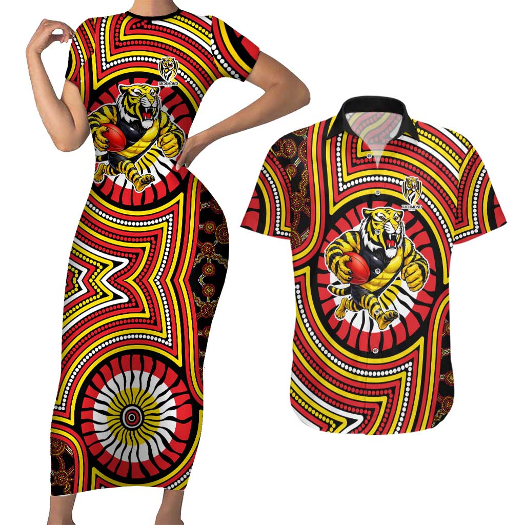 Richmond Football Club Couples Matching Short Sleeve Bodycon Dress and Hawaiian Shirt Indigenous Monochrome Dot Art Mascot Style