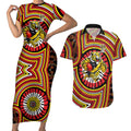 Richmond Football Club Couples Matching Short Sleeve Bodycon Dress and Hawaiian Shirt Indigenous Monochrome Dot Art Mascot Style