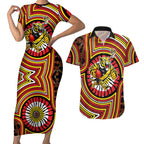 Richmond Football Club Couples Matching Short Sleeve Bodycon Dress and Hawaiian Shirt Indigenous Monochrome Dot Art Mascot Style
