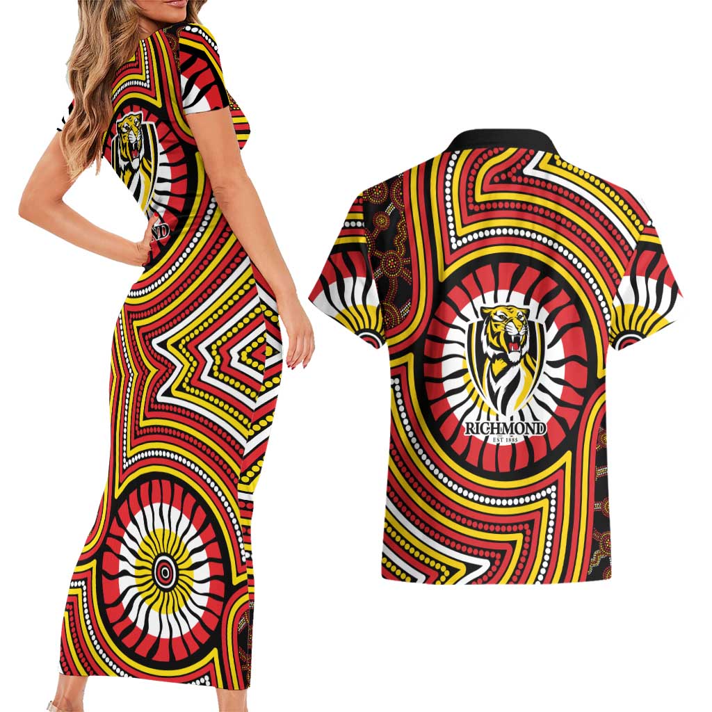 Richmond Football Club Couples Matching Short Sleeve Bodycon Dress and Hawaiian Shirt Indigenous Monochrome Dot Art Mascot Style