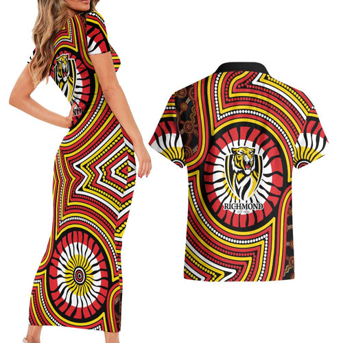 Richmond Football Club Couples Matching Short Sleeve Bodycon Dress and Hawaiian Shirt Indigenous Monochrome Dot Art Mascot Style
