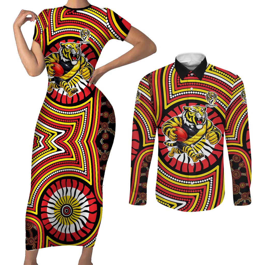 Richmond Football Club Couples Matching Short Sleeve Bodycon Dress and Long Sleeve Button Shirt Indigenous Monochrome Dot Art Mascot Style