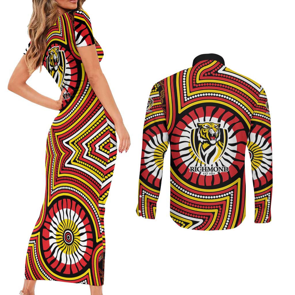 Richmond Football Club Couples Matching Short Sleeve Bodycon Dress and Long Sleeve Button Shirt Indigenous Monochrome Dot Art Mascot Style