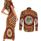 Richmond Football Club Couples Matching Short Sleeve Bodycon Dress and Long Sleeve Button Shirt Indigenous Monochrome Dot Art Mascot Style