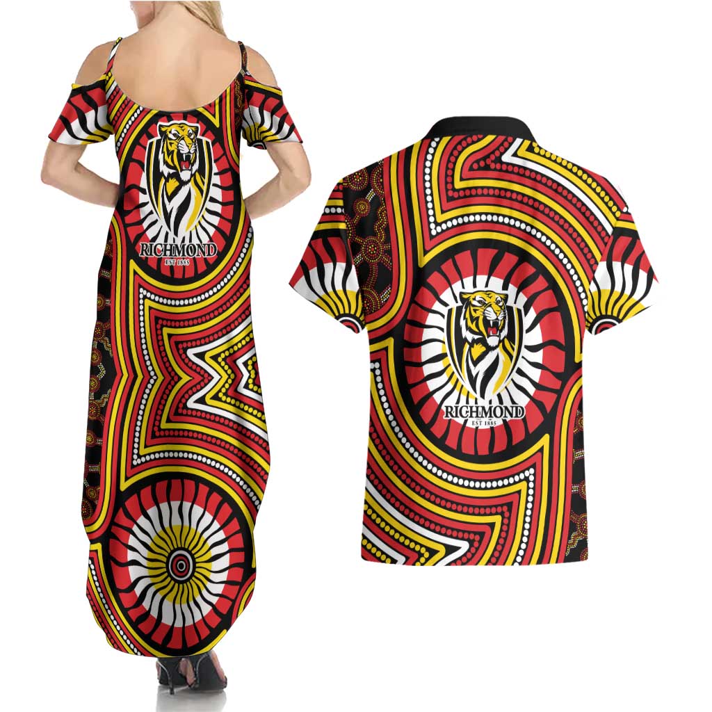 Richmond Football Club Couples Matching Summer Maxi Dress and Hawaiian Shirt Indigenous Monochrome Dot Art Mascot Style