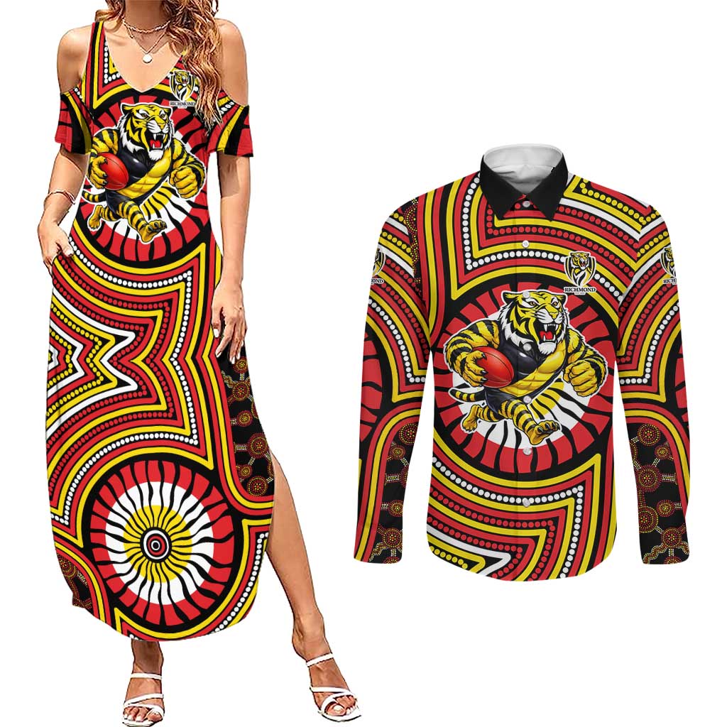 Richmond Football Club Couples Matching Summer Maxi Dress and Long Sleeve Button Shirt Indigenous Monochrome Dot Art Mascot Style
