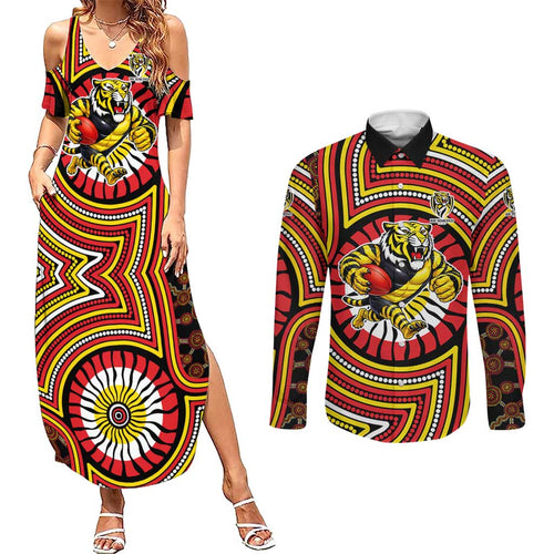 Richmond Football Club Couples Matching Summer Maxi Dress and Long Sleeve Button Shirt Indigenous Monochrome Dot Art Mascot Style