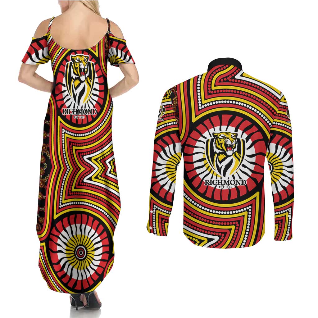 Richmond Football Club Couples Matching Summer Maxi Dress and Long Sleeve Button Shirt Indigenous Monochrome Dot Art Mascot Style