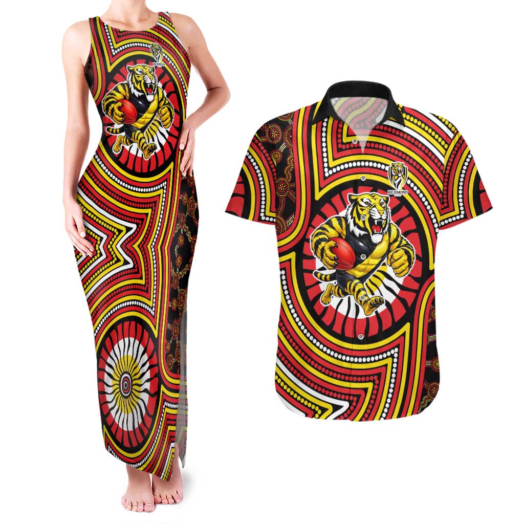 Richmond Football Club Couples Matching Tank Maxi Dress and Hawaiian Shirt Indigenous Monochrome Dot Art Mascot Style