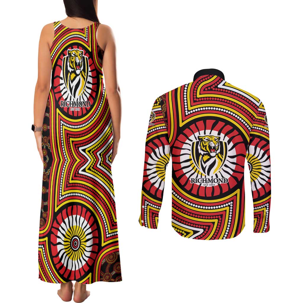 Richmond Football Club Couples Matching Tank Maxi Dress and Long Sleeve Button Shirt Indigenous Monochrome Dot Art Mascot Style