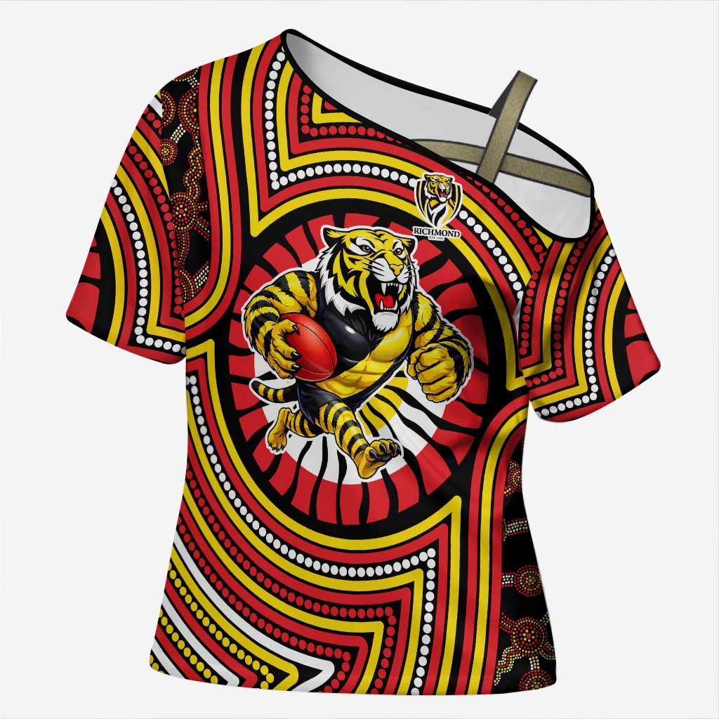 Richmond Football Club Cross Shoulder Shirt Indigenous Monochrome Dot Art Mascot Style