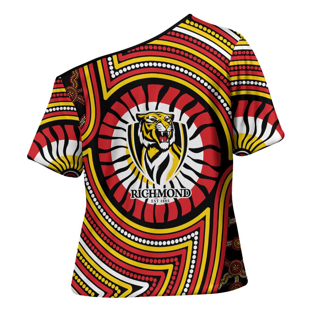 Richmond Football Club Cross Shoulder Shirt Indigenous Monochrome Dot Art Mascot Style