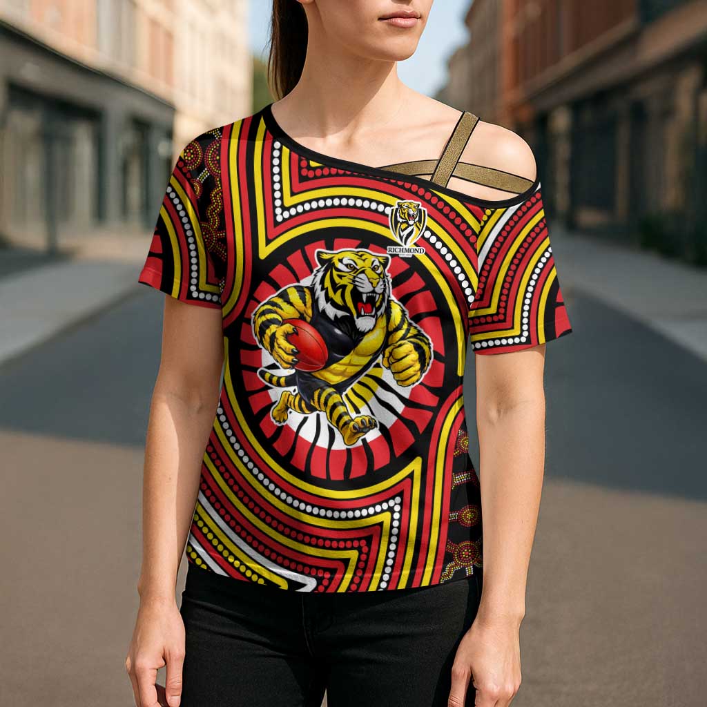 Richmond Football Club Cross Shoulder Shirt Indigenous Monochrome Dot Art Mascot Style