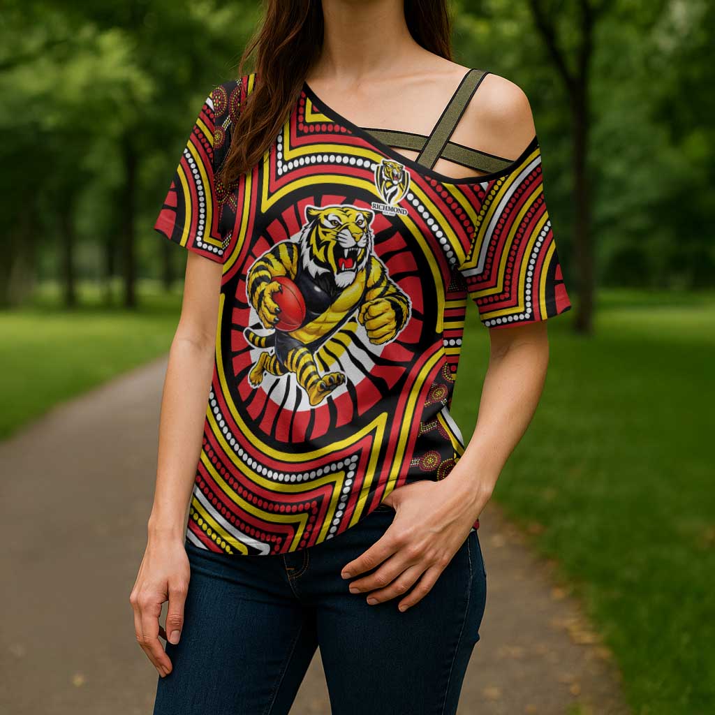 Richmond Football Club Cross Shoulder Shirt Indigenous Monochrome Dot Art Mascot Style