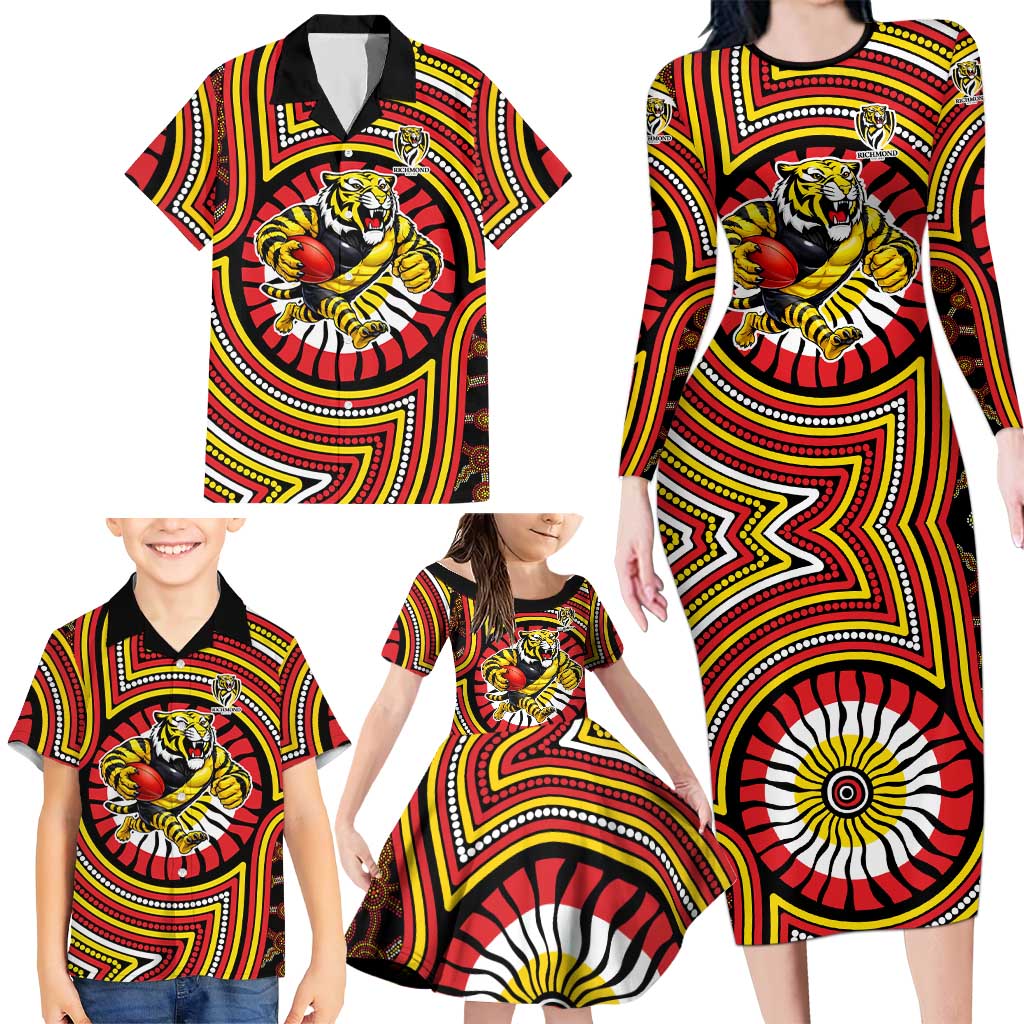 Richmond Football Club Family Matching Long Sleeve Bodycon Dress and Hawaiian Shirt Indigenous Monochrome Dot Art Mascot Style