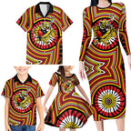 Richmond Football Club Family Matching Long Sleeve Bodycon Dress and Hawaiian Shirt Indigenous Monochrome Dot Art Mascot Style