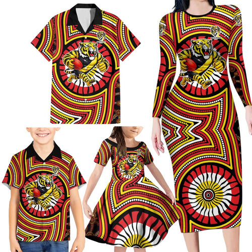 Richmond Football Club Family Matching Long Sleeve Bodycon Dress and Hawaiian Shirt Indigenous Monochrome Dot Art Mascot Style