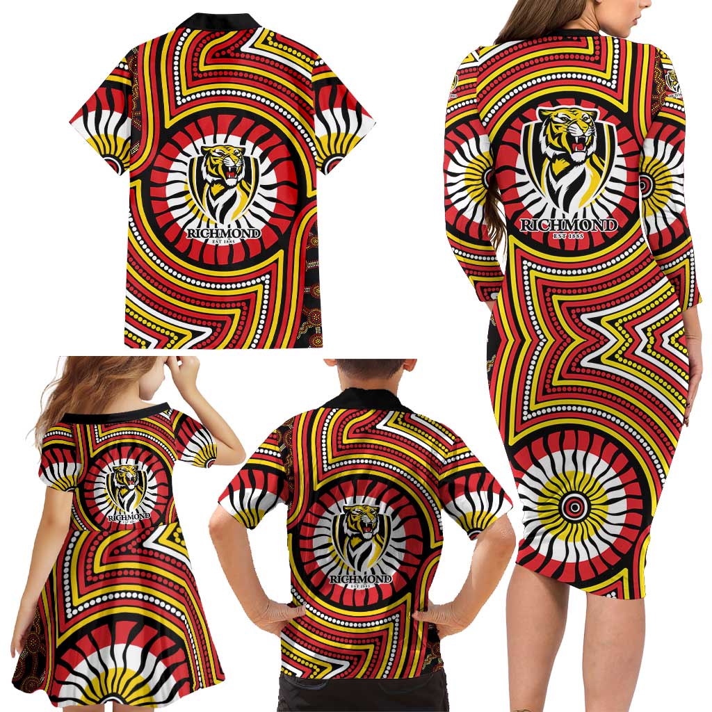 Richmond Football Club Family Matching Long Sleeve Bodycon Dress and Hawaiian Shirt Indigenous Monochrome Dot Art Mascot Style