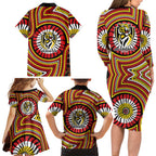 Richmond Football Club Family Matching Long Sleeve Bodycon Dress and Hawaiian Shirt Indigenous Monochrome Dot Art Mascot Style