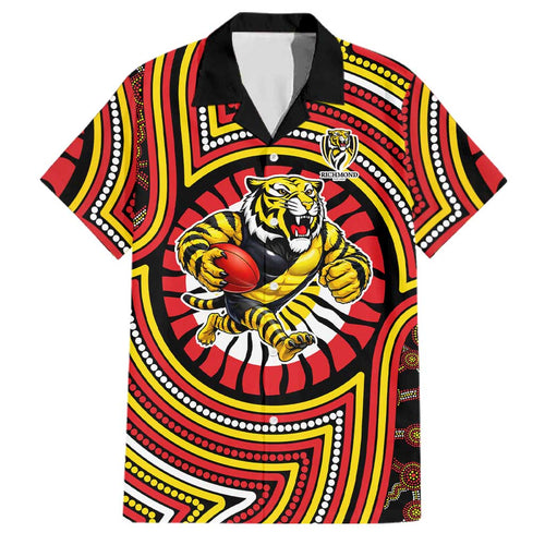 Richmond Football Club Family Matching Long Sleeve Bodycon Dress and Hawaiian Shirt Indigenous Monochrome Dot Art Mascot Style