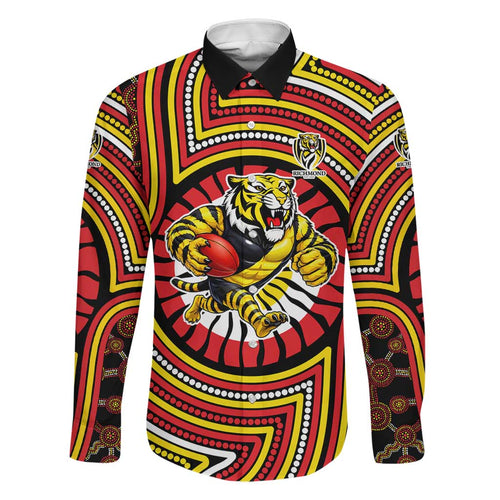 Richmond Football Club Family Matching Long Sleeve Bodycon Dress and Hawaiian Shirt Indigenous Monochrome Dot Art Mascot Style