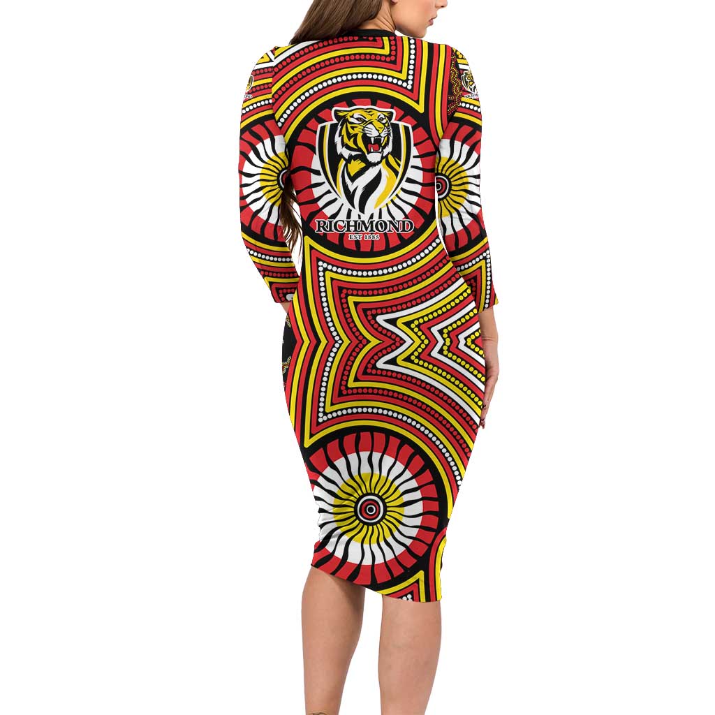 Richmond Football Club Family Matching Long Sleeve Bodycon Dress and Hawaiian Shirt Indigenous Monochrome Dot Art Mascot Style