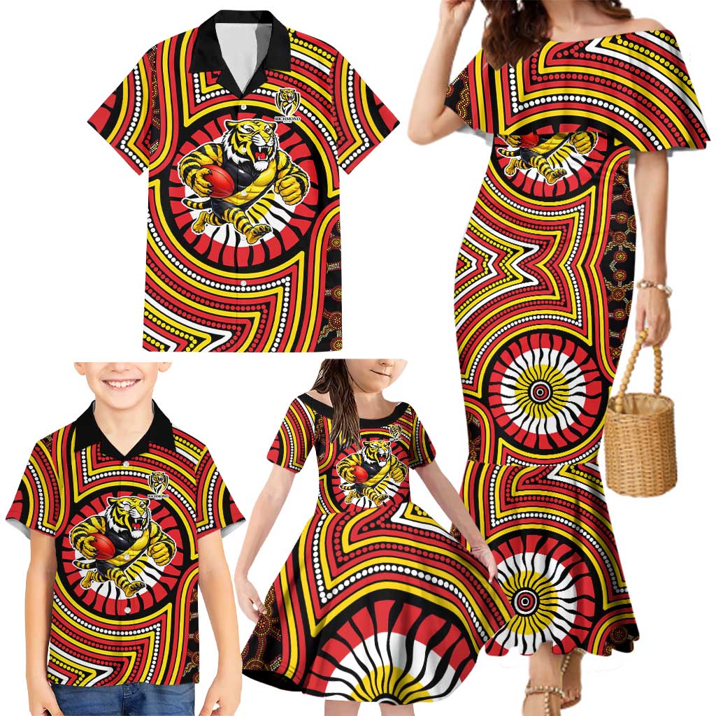 Richmond Football Club Family Matching Mermaid Dress and Hawaiian Shirt Indigenous Monochrome Dot Art Mascot Style