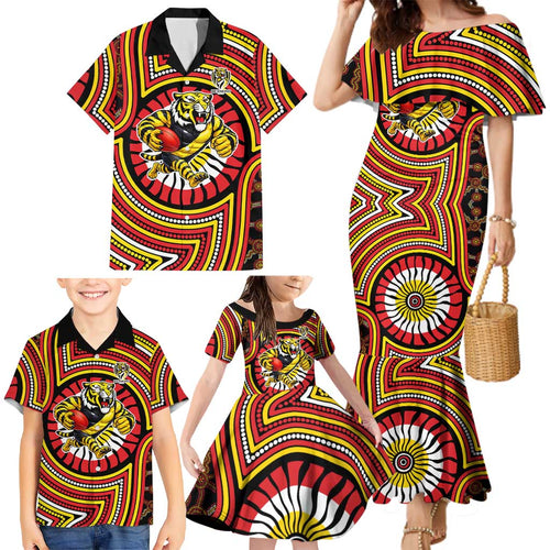 Richmond Football Club Family Matching Mermaid Dress and Hawaiian Shirt Indigenous Monochrome Dot Art Mascot Style